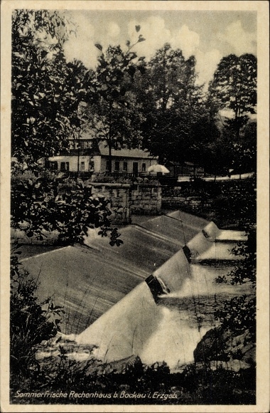Postcard Rechenhaus near Bockau Erzgebirge, at the weir of the raft ditch