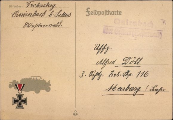 Feldpostkarte Deutsche Wehrmacht, Fahrzeug, Eisernes Kreuz