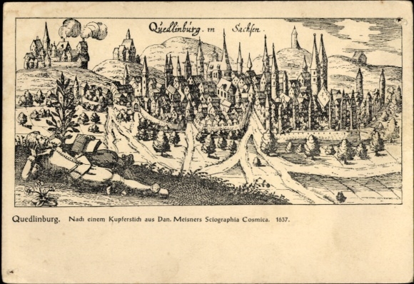 Kunstenaarsansichtkaart Quedlinburg in het Harzgebergte, stadspanorama, kopergravure, Dan. Meisner's Sciographia Cosmica 1637