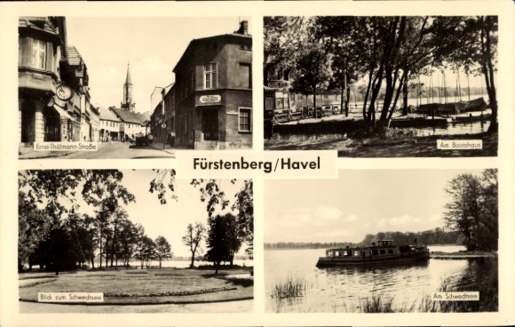 Postcard Fürstenberg an der Havel, Ernst Thälmann Street, Boathouse, Schwedtsee