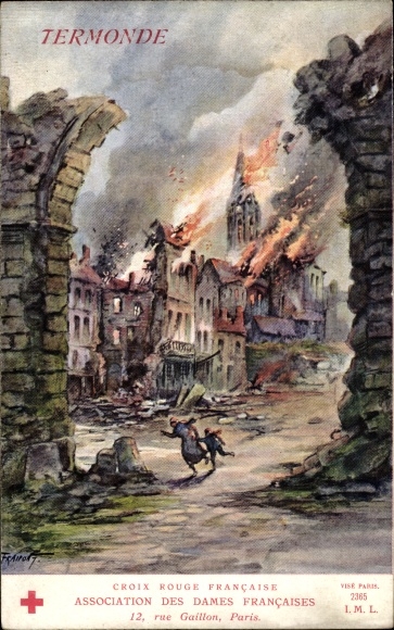 Artist Postcard Termonde Dendermonde East Flanders, Burning Houses, Croix Rouge Francaise