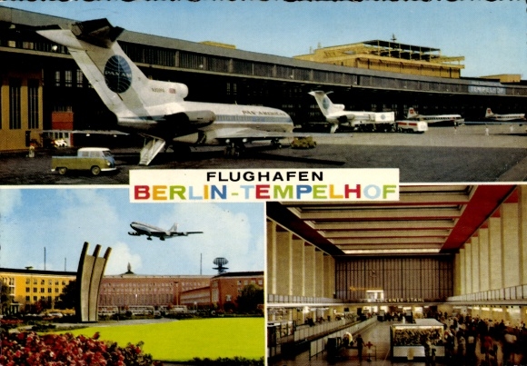 Postcard Berlin Tempelhof district Tempelhof district, airport, Platz der Luftbrücke, Pan Am airplane