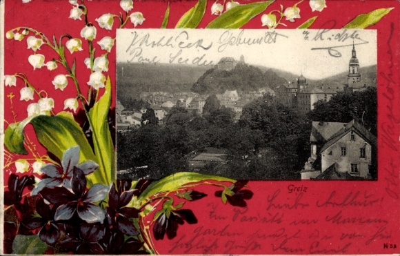 Ak Greiz im Vogtland Thüringen, Schwarz-weiß Bild von  Blumenmotiv, handschriftlicher Text
