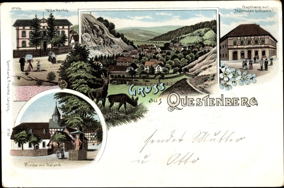 Chromo-Litho Questenberg South Harz, Villa Herbig, church, Roland, inn for Thuringian Switzerland