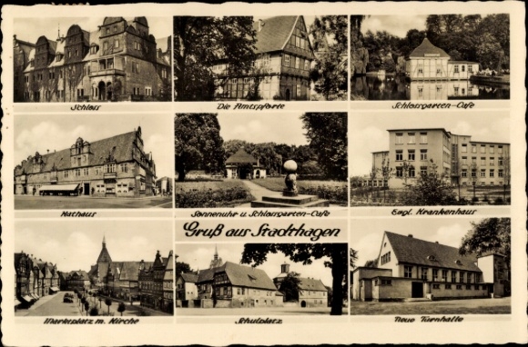 Postcard Stadthagen in Lower Saxony, various buildings, castle garden cafe, market, hospital, Gru