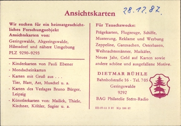 Ak Geringswalde Sachsen, Dietmar Rühle, Bahnhofstraße 16, BAG Philatelie Stern-Radio