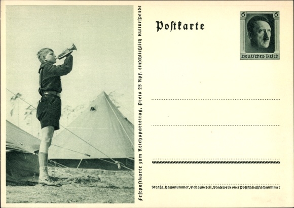 Postal stationery PC HJ Pimpf blows the roll call, tent camp, Nazi party rally