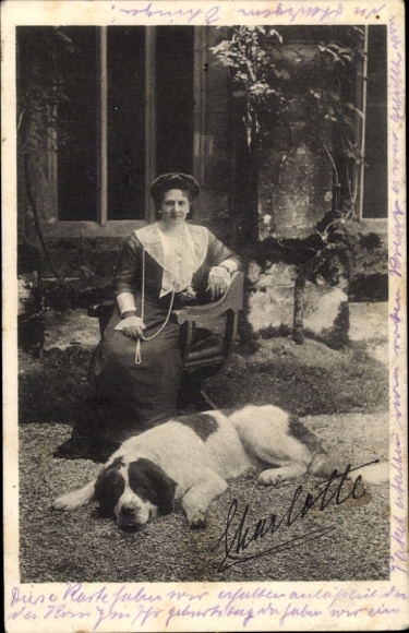 Postcard Queen Charlotte of Württemberg with St. Bernard, printed autograph, Württemb. Landesverein