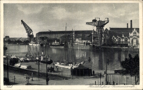 Postcard Kiel, commercial port, Germania shipyard