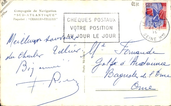 Postcard passenger ship, Charles Tellier, Paquebot, view starboard