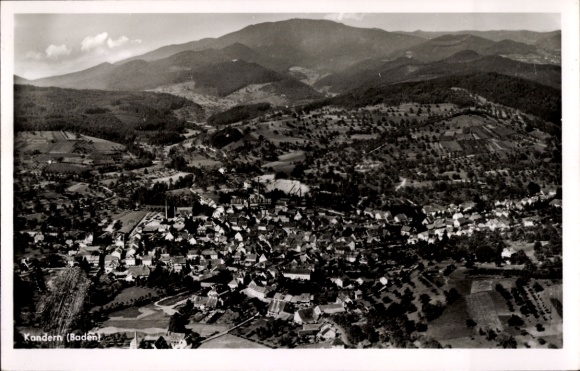 Postcard Kandern in the Black Forest Baden, aerial view of Kandern, mountains in the background, forest area, Schw
