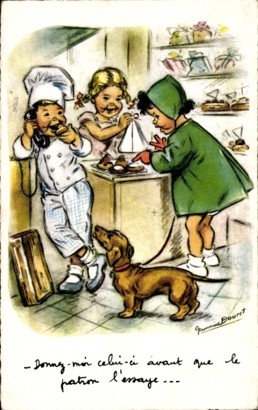 Artist Postcard Bouret, Germaine, pastry shop, children, dachshund