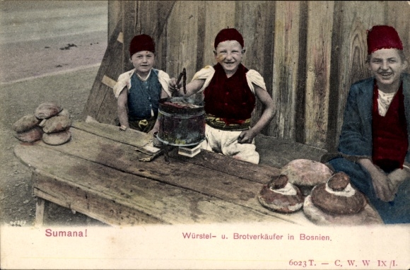 Postcard Sumana, sausage and bread seller in Bosnia, boys in traditional costume