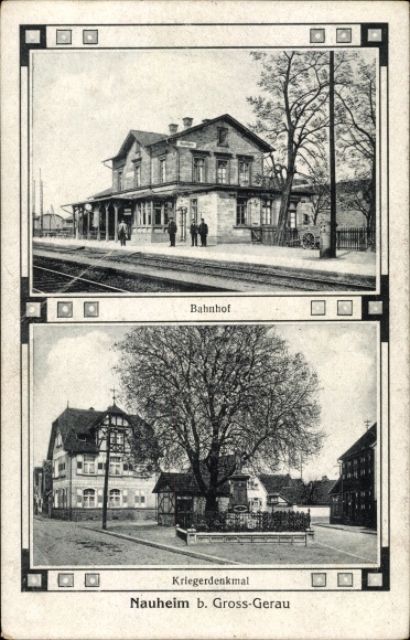 Postcard Nauheim in the Groß Gerau district of Hesse, train station on the track side, war memorial