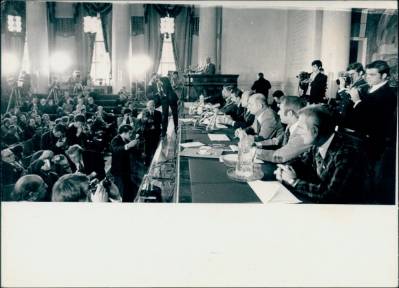 Photo Soyuz-Apollo program, press conference Moscow State University, cosmonauts, astronauts