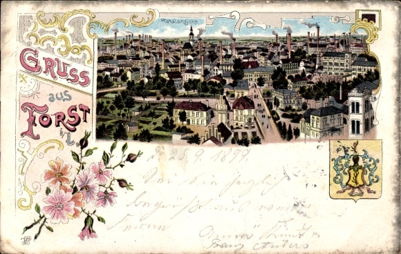 Chromo-Litho forest in Lower Lusatia, view over the roofs of the city, coat of arms