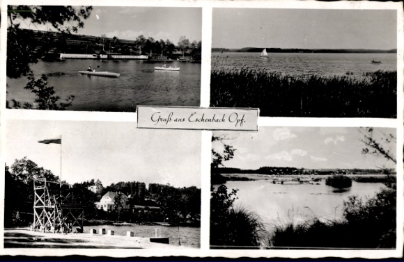 Ak Eschenbach in der Oberpfalz Bayern, Vier Bilder, Wasserlandschaft, Boote, Segelboot, Wellenbre
