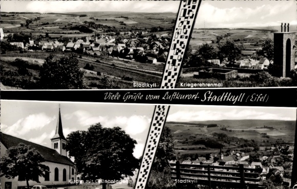 Postcard Stadtkyll in the Eifel, war memorial, church with green areas, campsite at the reservoir