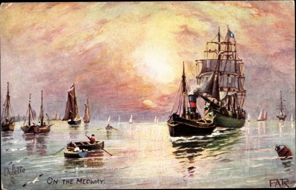 Artysta Ak On the Medway, żaglowiec, holowniki, łodzie wiosłowe