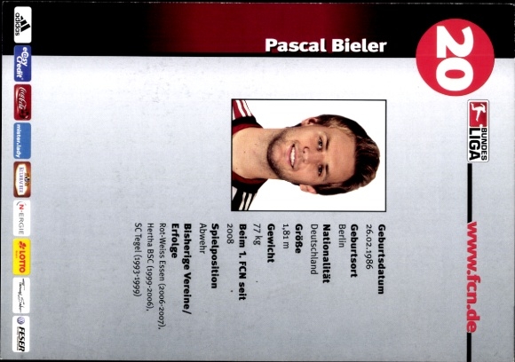 Autograph card footballer Pascal Bieler, 1. FC Nuremberg, autograph