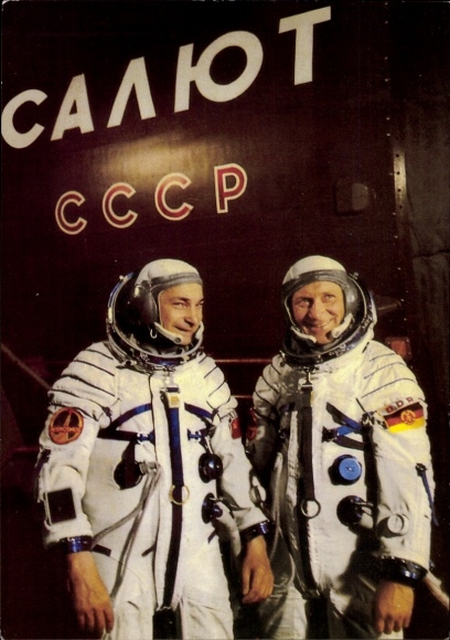 Postcard Joint cosmic flight, USSR, GDR, Sigmund Jähn, Waleri Bykowski