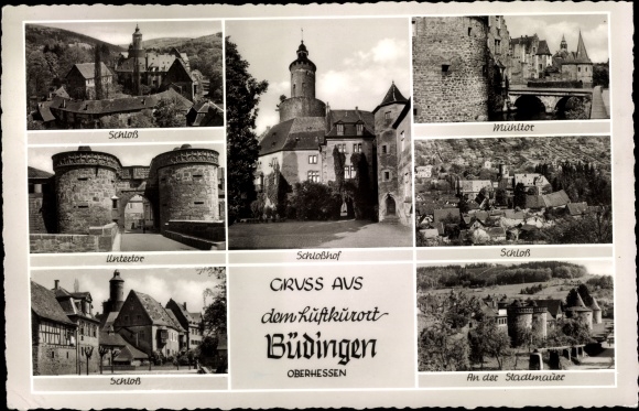 Postcard Büdingen in Hesse, castle, mill gate, lower gate, courtyard, city wall