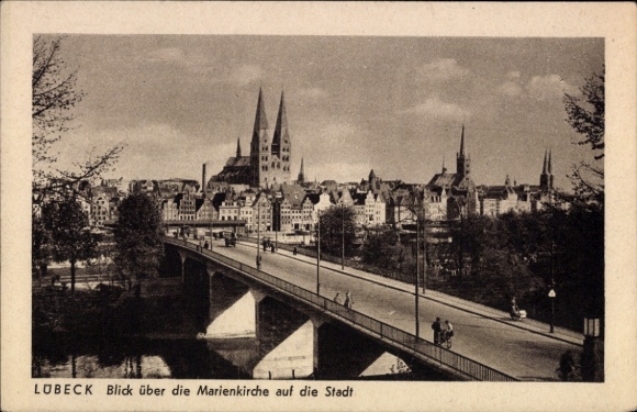 Postcard Hanseatic City of Lübeck, view over St. Mary's Church, city view, buildings, no people visible