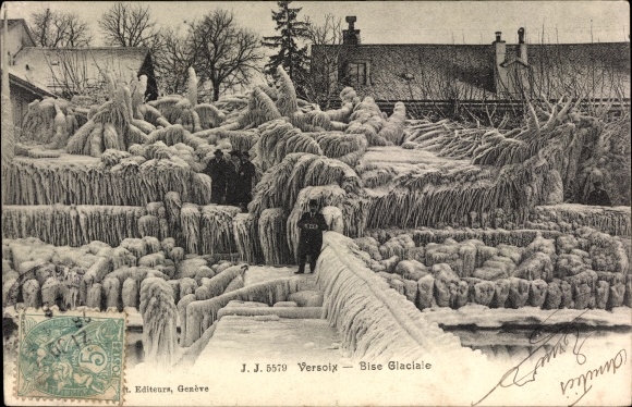 KP Versoix Kt. Genewa, Bise Glaciale, widok oblodzonych drzew i ścieżek, mróz