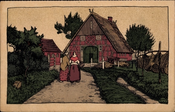 KP litografia Szlezwik-Holsztyn, domy wiejskie, wieśniaczki