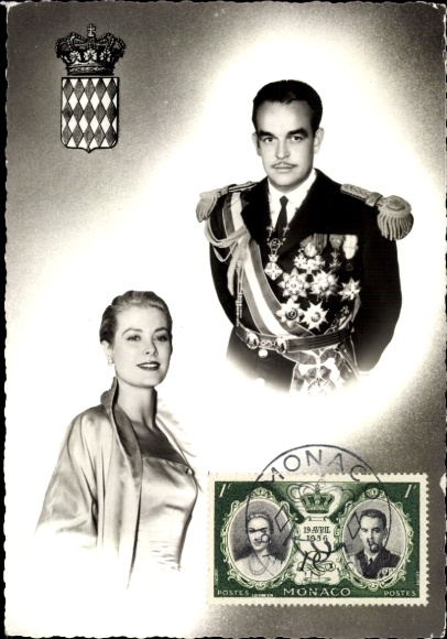 Postcard Grace Kelly, Grace Patricia Grimaldi, Rainier III., coat of arms