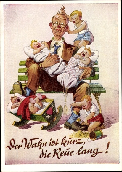 Artist Postcard Delusion is short, regret is long, man with many children