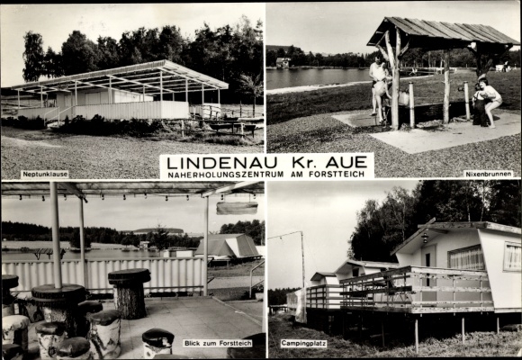 KP Lindenau Schneeberg w Rudawach, nad leśnym stawem, pole namiotowe, syrenka fontanna, Neptunklause