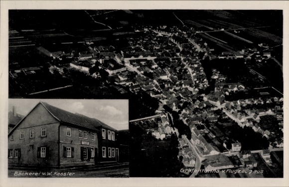Postcard Gräfentonna Tonna in Thuringia, aerial photograph, bakery by W. Kessler