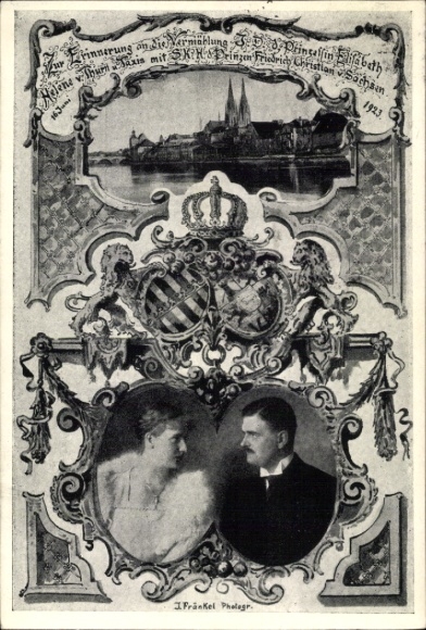 Postcard Regensburg, marriage of Princess Elisabeth of Thurn & Taxis with Friedrich Christian of Saxony
