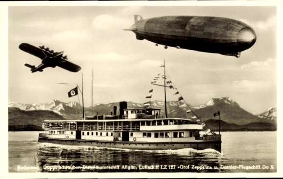 Ak Bodensee, Doppelschrauben Dieselmotorschiff Allgäu, Luftschiff LZ 127 Graf Zeppelin, Dornier Do X