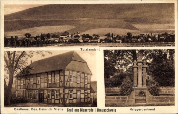 Ak Bisperode Coppenbrügge Niedersachsen, Gasthaus Miehe, Kriegerdenkmal, totalansicht
