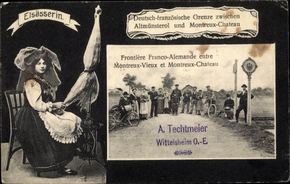 Postcard Altmünsterol Montreux-Vieux Elsass Haut Rhin, German French border, Alsatian, spinning wheel