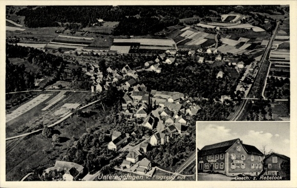 Postcard Untereggingen Eggingen in Baden, aerial photograph, landscape, building in the foreground, nformat