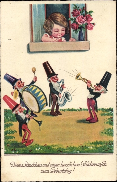 Künstler Ak Wills, John, Glückwunsch zum Geburtstag, Kind am Fenster, musizierende Zwerge, Dirigent