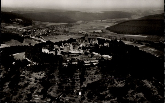 Postcard Neustadt Breuberg in the Odenwald, Breuberg Castle, aerial view of Breuberg Castle, surrounding landscape