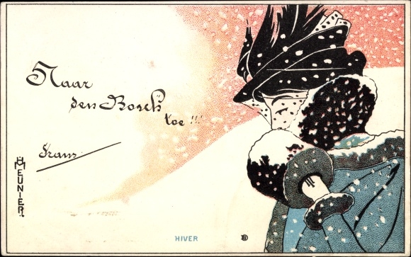 Art Nouveau artist Postcard Meunier, allegory, winter, woman with muff, snowfall
