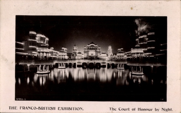 Postcard London City England, The Franco-British Exhibition, The Court of Honor at Night
