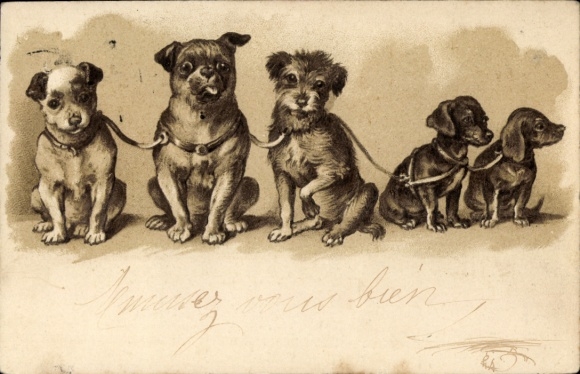 Embossed Chromo-Litho Five Dogs, Dachshunds, Puppies