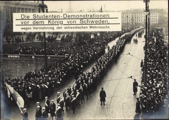Studentika Postcard Sweden, student demonstration because of the increase in the Swedish Wehrmacht