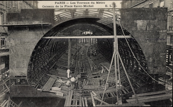 Postcard Paris VI., Works of Metro Caisson of Place Saint Michel, Baustelle, U Bahn