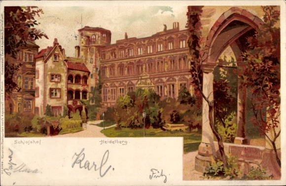 Artist Chromo-Litho Münch, C., Heidelberg am Neckar, castle courtyard