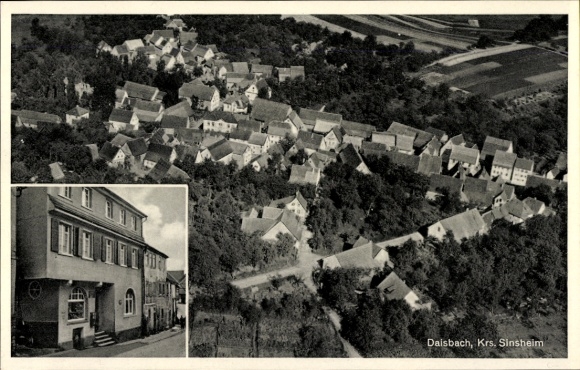 Postcard Daisbach Waibstadt in Baden, aerial photograph, Cafe and Bakery Friedr. Leismann