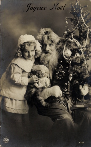 Ak Glückwunsch Weihnachten, Mädchen, Puppe, Weihnachtsmann, Tannenbaum