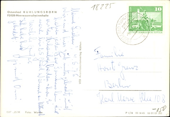 Postcard Ostseebad Kühlungsborn, swimming pool, many children and adults in the water, wood paneling