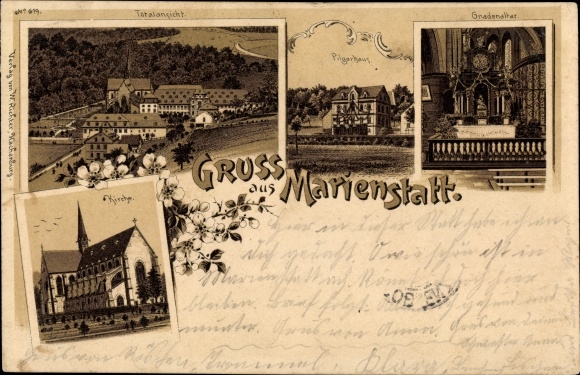 Chromo-Litho Streithausen in the Westerwald, Marienstatt Abbey, altar of grace, pilgrim house, church, total view